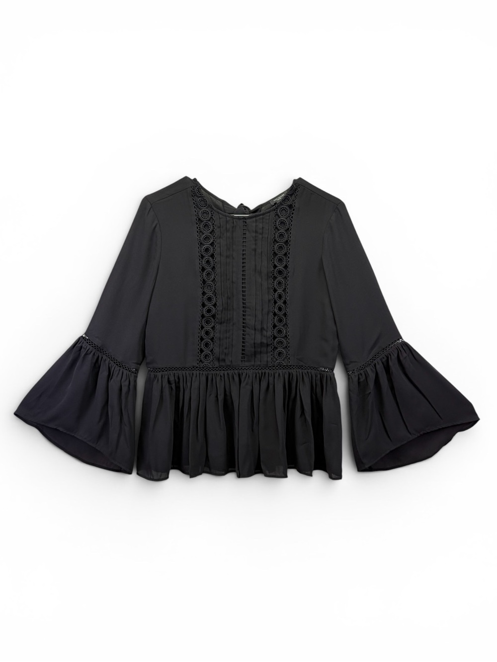 Ann Taylor Women's Petite Black Bell Flare Sleeve Peplum Lace Trim Top Size XSP